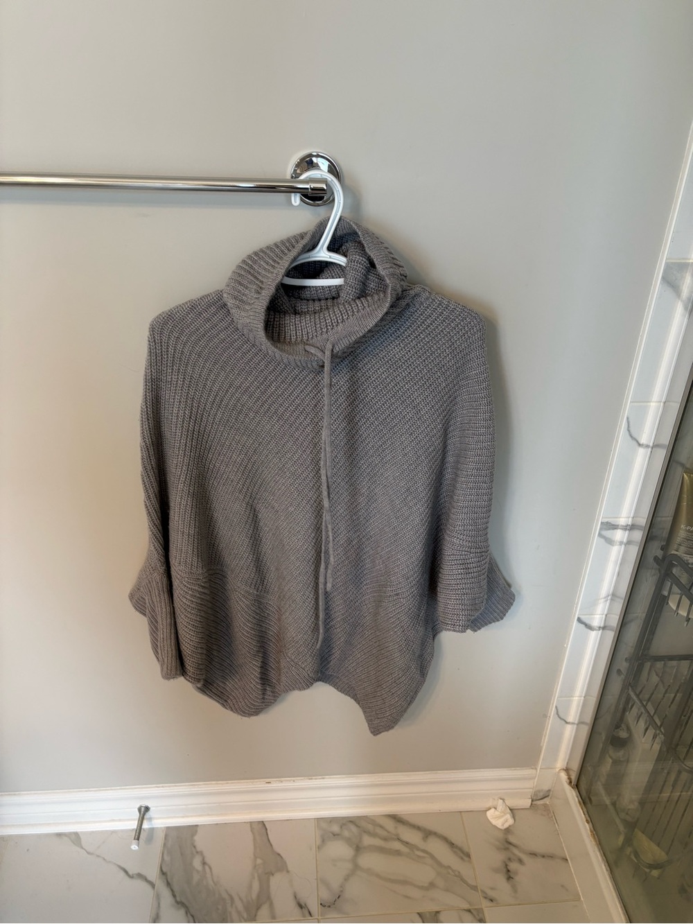 Cozy Gray Knit Poncho Sweater with Cowl Neck